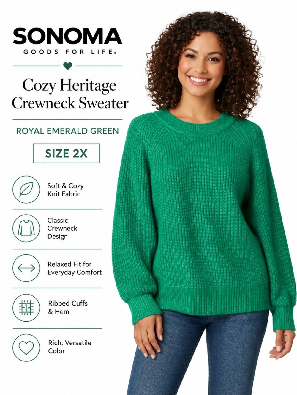 Sonoma Goods For Life® Fuzzy Cozy Heritage Crewneck Sweater | 2X | Royal Emerald